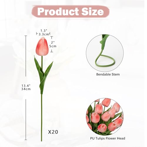 20 Pcs Coral Tulips Artificial Flowers Real Touch Fake Tulips Fake Flowers for Mother's Day 13.5" Faux Tulips Faux Flowers Bulk Artificial Tulips Flowers for Vase Centerpieces Home Wedding Bouquet - color: Coral #20