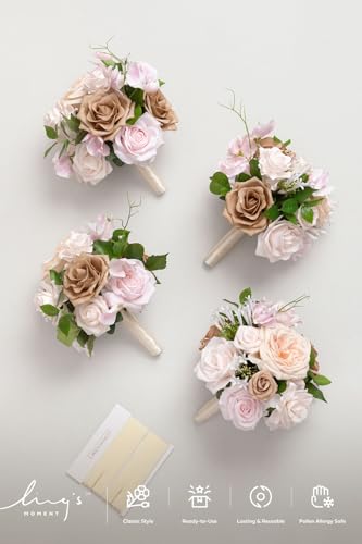 Ling's moment Artificial Bridesmaid Bouquets Set of 4,Pink Wedding Flower Bouquets Blush Floral Bouquet Bridal Bouquets with Ribbon,Ceremony,Anniversary,7-inch Diameter - color: Pk-sand Beige