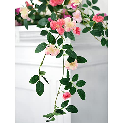 FiveSeasonStuff Pink Wild Rose Vine Garland, Two Faux Silk Floral Garlands with Greenery, Bendable Decorative Vines 12 ft Total - color: Pink