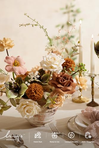 Ling's moment Fake Flowers Box, Faux Artificial Greenery Stems Foam Roses Dahlia Gardenia Tulip Silk Carnation Fabic Flower for Centerpieces Bouquet Wedding Vase, Apricot & Peach, Deluxe Combo - color: Or-apricot & Peach, size: Deluxe