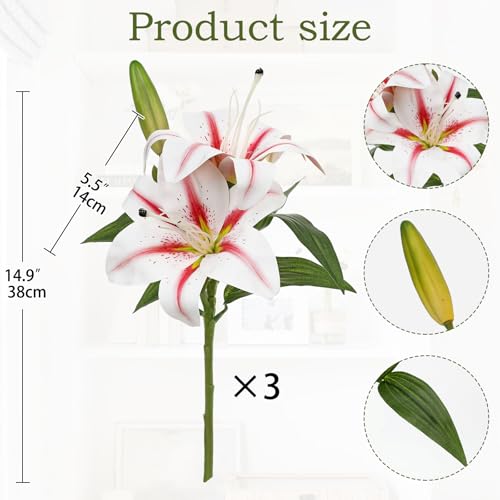 Oairse Artificial Tiger Lily Silk Flowers - 3 Pcs Faux Lily Flower 14.9" Fake Lilies Bouquets Faux Stargazer Lilies Stem with 6 Heads & 3 Buds for Indoor Outdoor Home Table Wedding Decor (White&Pink) - color: White&pink