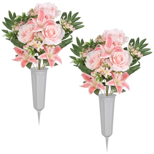 2Sets Artificial Cemetery Flowers with Cemetery Vase Pink Artificial Rose Lily Graveyard Memorial Bouquets for Memorial Day Outdoor Grave Cemetery Headstones Decorations (Pink) - color: Pink