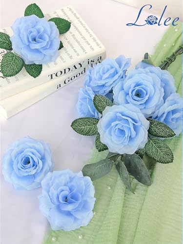 LELEE Rose Head Flowers with Stem, 108pcs Light Blue Rose Artificial Flowers Bulk, Silk Rose Fake Flower for Wedding Bouquet Party Home Decor DIY Baby Shower Centerpieces Tables Decoration - color: Light Blue