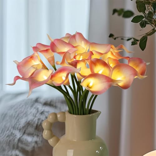 20pcs Lighted Artificial Calla Lily Bouquet Light Faux Floarl Night Light Real Touch Flower Lamp LED Calla Lily lighted Artificial Flower for Holiday Gifts Home Kitchen Decor(Light Pink, No Vase) - color: Light Pink