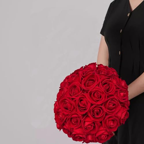 HinyoCo 28 Pcs Silk Roses Artificial Flower， Fake Roses with Stems for Wedding Bouquets Tables Centerpieces Arrangements Party Baby Shower Birthday Home Decor (Red) - color: Red
