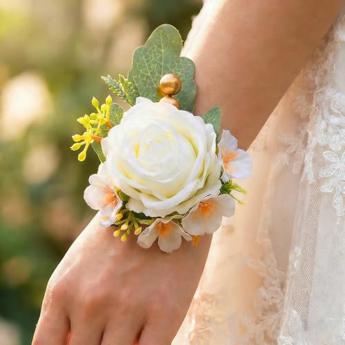 Rose Wrist Corsage Flower Prom Corsage Wristlet for Women and Girls (White) - color: White