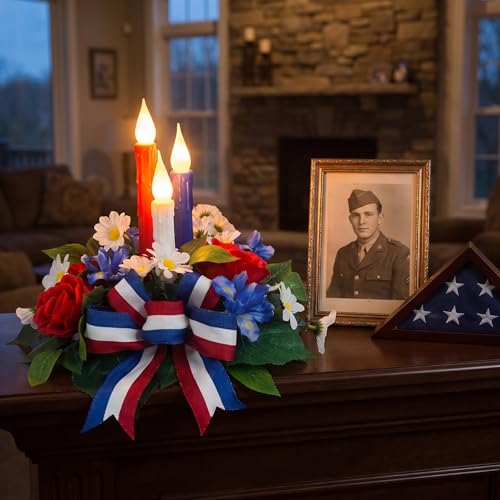 4th of July Decorations,Patriotic Floral Arrangement Centerpiece for Table, Red White and Blue Fake Flowers Fourth of July Taper Flameless Candles for Independence Day Home Decor,Memorial Day Décor