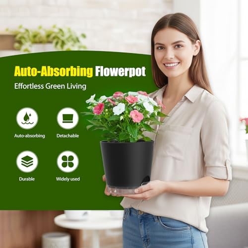 Plant Pots 8 Inch Self Watering Pots, 2 Pack Plastic Planters with Drainage Holes and Clear Saucers,Plastic Flower Pots for Indoor Out Door Plants (Black) - color: Black, size: 8 inch