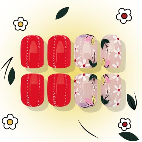 Flower Press on Nails Short Square Fake Nails Red Nude False Nails with Embossed Designs 3D Flowers Glossy Full Cover Stick on Nails Glue on Nails Spring Acrylic Nails for Women Girls 24 Pcs - color: Flower Square4