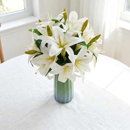 ATFL Artificial Lilies Flowers,9 Pcs Faux Lily Flowers,16''Tiger Lily Branches with 2 Full Blooms and 1 Bud,Faux Fake Lilies Plants for Wedding Bouquet Floral Arrangements (9, Ivory White) - color: Ivory White