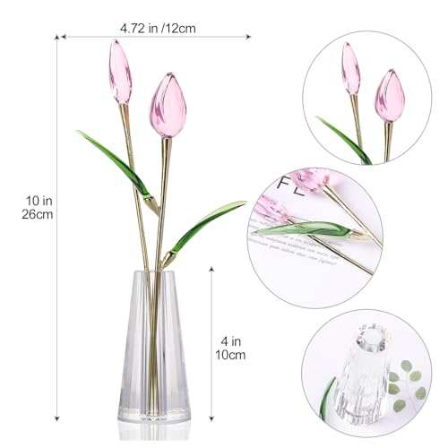 LONGWIN Crystal Tulips Flower Figurine Collectible with Vase Glass Spring Bouquet Flowers with Stem Home Decor Gift for Women Mom - color: Long - Pink