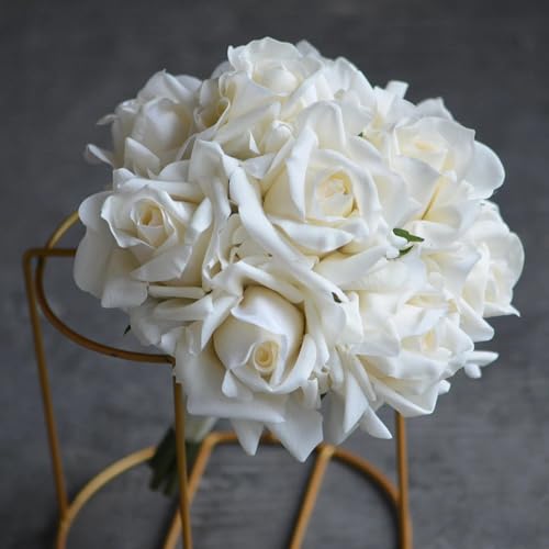 8 Inch Bridesmaid Bouquet, Morandi Ivory Cream White Real Touch Rose Wedding Flowers, Artificial Floral Arrangement for Bridesmaids, Bridal Shower, Toss Bouquet and Wedding Prom - size: 8 Inch