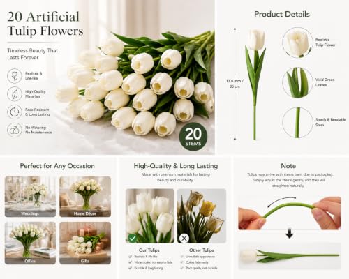 20 Artificial Tulip Flowers – Real Touch Faux Tulips Bouquet for Home Decor, Wedding Centerpieces, Bridal Arrangements, Office, and Spring Floral Decorations (20, White)