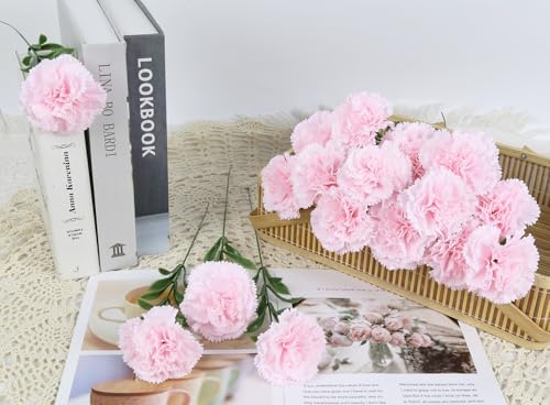 16PCS Pink Carnations Artificial Flowers 14.8'' Fake Carnation Silk Flowers with Single Stem Faux Carnations Flowers for Home Table Centerpiece Wedding Decor Floral Arrangements (Light Pink) - color: Light Pink
