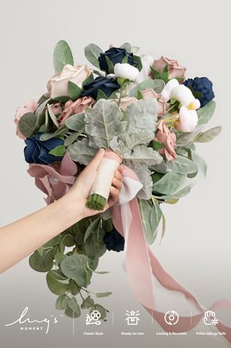 Ling's moment Dusty Rose Navy Blue Bridal Bouquet Cascading, Pink and Blue Wedding Bouquets for Bride, 15 Inch Silk Artificial Wedding Flower Bouquet - color: Pk-exquisite Dusty Rose & Navy, size: Medium 15 Inch