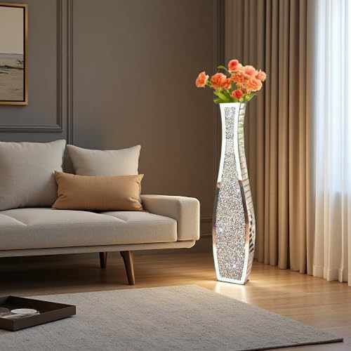 36" Extra Tall Double Sided Crushed Diamond Vases, Mirrored Silver Vase,Floor Vases Decorative Tall, Large Decorative Vase for Home,Office,Hotel Decor(7.72" L x4.33 W x 36" H)
