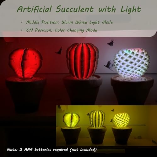 bellacat Fake Succulents with Warm White & Color Changing Lights, 9.3in Lifelike Artificial Succulent Plants, Faux Succulents Light Up Plants for Desk Shelf Living Room Bedroom Decor, Set of 3 Shape - color: Succulent D-5.1in Pot