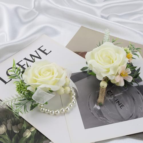 White Corsages and Pocket Boutonniere Set 2pcs Groom Boutonniere for Wedding，Prom Corsage Wristlet Bracelets，White Corsages for Men Prom Decor - color: White Pink Corsage - Single Chain