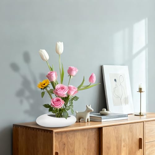 Flower Frog Vase Kit Ikebana Vase with 1.57 Inch Kenzan Japanese White Ceramic Bowl Flower Stem Holder Summer Activity Wedding Art Supplies Craft Centerpieces