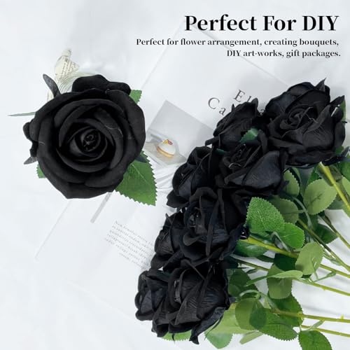 10 PCS Artificial Roses with Long Stems Silk Flowers Realistic Foam Flowers Fake Roses for Valentine's Day Home Wedding Halloween Decor(Black) - color: Black