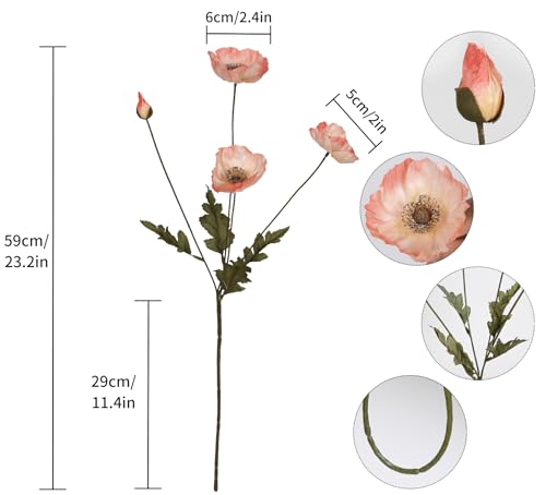IPOPU Fake Poppies Coral Pink Silk Flowers 6pcs Artificial Poppies Realistic Faux Flowers for Wedding Centerpieces for Tables Bridal Shower Party Decorations (Coral Pink) - color: Coral Pink