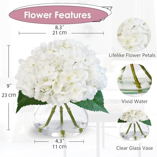 Hydrangea Artificial Flowers in Glass Vase, White Silk Fake Flowers Silk Centerpiece Table Decorations for Dining Room， Coffee Table Decor，Wedding, Home with Faux Water Decor（White） - color: White
