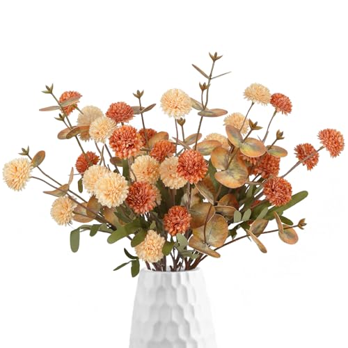 Pompom Mum Artificial Flowers,8 Stems Faux Kiku Flower with 3 Branches Eucalyptus Stems Mixed Orange Flowers Silk Pom Pom Balls for Wedding Bouquet Home Party Floral Arrangements(Mixed Orange) - color: Mixed Orange