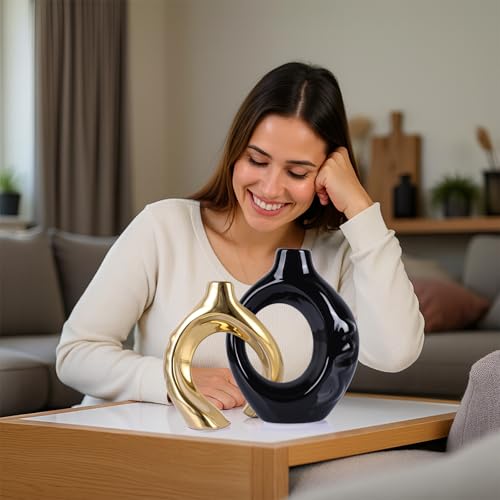 LCCCK Boho Black and Gold Ceramic Vases for Home Decor - Small Hollow Donut Vases for Living Room Table Wedding Centerpiece - color: Black and Gold