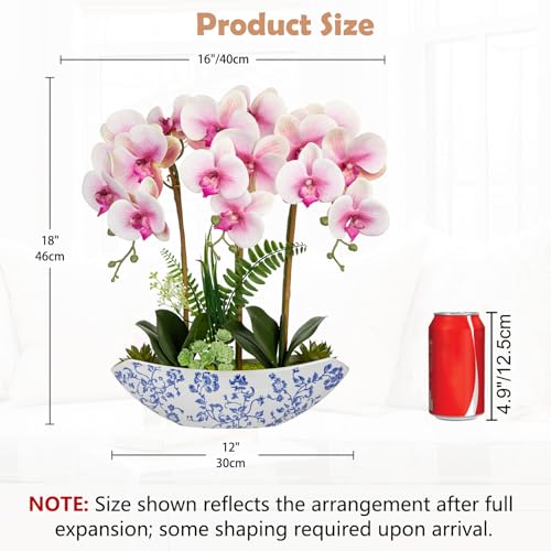 Briful Orchid Artificial Flowers 18in Pink Fake Orchid Silk Flowers with Blue and White Ceramic Pot Faux Phalaenopsis Arrangement for Home Office Room Dining Table Centerpiece Modern Decor - color: Pink-floral Pattern Vase