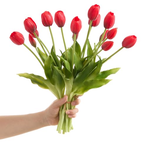 15 Pcs Hot Red Tulips Artificial Flowers Faux Tulips Real Touch Latex Fake Flower Bouquet for Spring Wedding Home Décor Centerpiece Arrangements - color: Hot Red