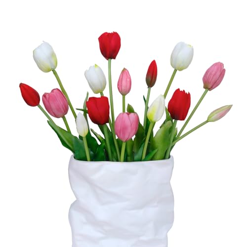 15 Pcs White-Red-Light Purple Artificial Tulips Fake Flowers, Premium Latex Lifelike Texture, UV Resistant Waterproof Faux Tulip Bouquets with Snap-on Petals for Outdoor, Home, Wedding Decor - color: White-red-light Purple