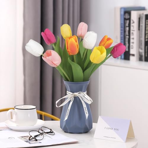Artificial Tulips - 20 Stems Real Touch Realistic Fake Tulip Flowers, Premium Silk Feel, UV-Resistant, Anti-Fade, Waterproof Lifelike Faux Tulips for Home Decor, Wedding, Party, DIY (Mix) - color: Mix
