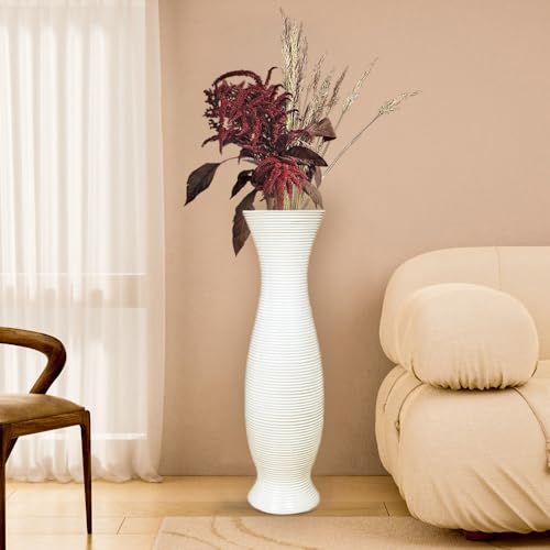 Tall White Floor Vase 30 inches, Handmade Modern Large Ceramic Vases for Home Decor Living Room, Horizontal Stripes Decorative Vases Wide Mouth Opening Corner Vase for Pampas Grass, Hallway - color: White Stripe Pattern