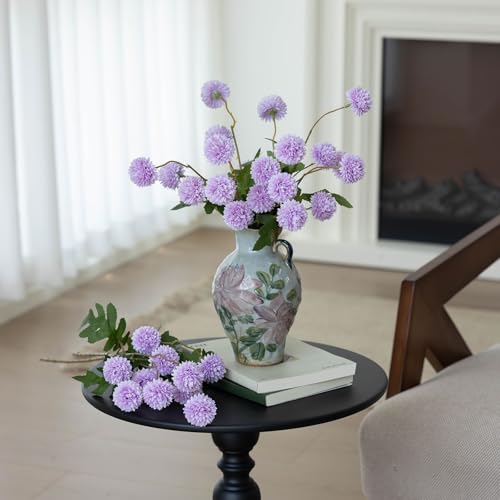 mizii 6Pcs Purple Fake Silk Pompon Mum Artificial Flowers Bulk Small Faux Chrysanthemums with Stems Realistic Floral Decorations for Wedding DIY Bouquet Centerpieces Shower Vase Home Decor (Purple) - color: Purple
