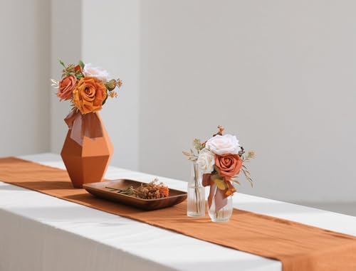 Marriwise Set of 6 Assorted Wedding Flower Centerpieces Pre-Made Mini Bridesmaid Bouquets Artificial Flower Terracotta Table Decor for Fall Wedding Decorations Shower Home Decor - color: Burnt Orange