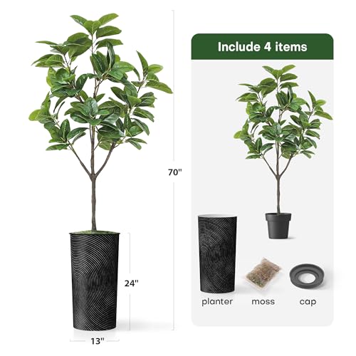 Artificial Tree in Geometric Spiral Pattern Planter, Fake Magnolia Tree for Indoor and Outdoor Home Decoration - 70" Overall Tall (Plant Pot Plus Tree) - style: Magnolia Tree