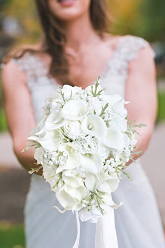 Bride Bouquets for Wedding,11 Inch White Calla Lily Cascading Bridal Bouquet Silk Flowers for Ceremony Anniversary Wedding Bridal Shower(Natural Whites) - color: Natural Whites