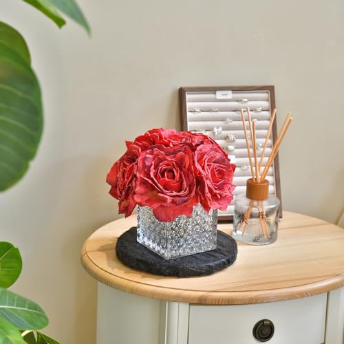 Artificial Rose in Glass Vase Vintage Silk Flower Arrangement with LED Light for Table Centerpiece Home Wedding Decoration (Red) - color: Red