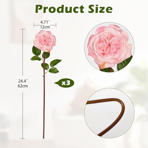 Artificial Roses - Set of 3 Long-Stem Real Touch Silk Roses, 24.4" Faux Flowers for Home Decor, Wedding Bouquets, Centerpieces & Floral Arrangements – Lifelike Pink Fake Roses - color: Pink
