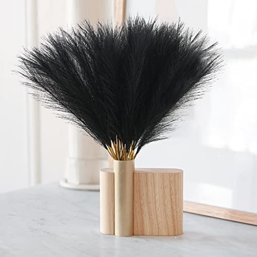 obbsie 50pcs Faux Black Pampas Grass, 21.6" Short Artificial Pompous Grass Floral Fake Pompas Grass Branches Vase Filler Flower Arrangement for Home Halloween Decor - color: Black, size: 50 PCS