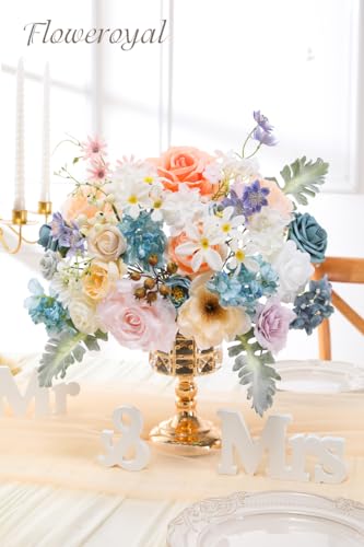 Floweroyal Artificial Flowers Combo Fairy Blue Flowers Mix Silk Flowers Fake Roses with Stems for DIY Wedding Bridal Bouquets, Baby Shower, Floral Arrangement, Table Centerpieces, Home Decorations. - color: Fairy Blue&pink