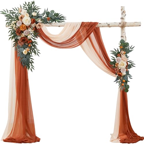 Wedding Arch Flowers with Drapes Kit (Pack of 4) - 2pcs Artificial Terracotta Deluxe Swag with 2pcs Sheer Drapes for Wedding Ceremony Backdrop Rose Floral Decoration Arbor Reception - color: Terracotta, size: Pack of 4