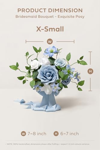 Ling's moment Artificial Bridesmaid Bouquets Set of 6,Dusty Blue Wedding Flower Bouquets Blue Rose Floral Bouquet Bridal Bouquets with Ribbon Ceremony Anniversary,7-inch Diameter - color: Bl-dusty Blue & Cream