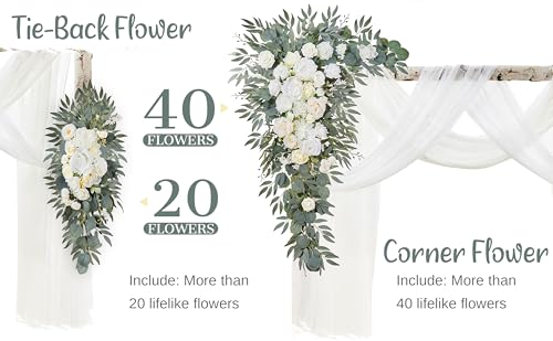 Wedding Arch Flowers with Drapes Kit (Pack of 4) - 2pcs Artificial Ivory & White Deluxe Swag with 2pcs Sheer Drapes for Wedding Ceremony Arbor Reception Backdrop Rose Floral Decoration - color: Ivory & White