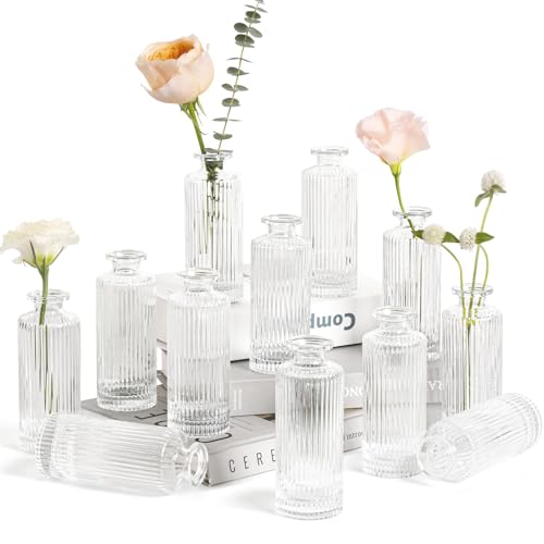 ComSaf Small Bud Vases Set of 12, 5.2 inch Glassl Bud Vase in Bulk, Mini Flower Vase for Centerpiece, Vintage Decorative Vase for Flowers, Wedding, Christmas, Home Decor, Housewarming Gift (Clear) - size: 12 Pcs