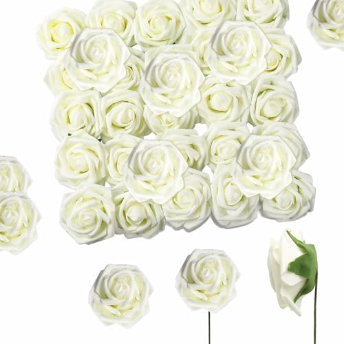 Artificial Flowers, 25pcs Real Looking Ivory White Foam Fake Roses with Stems for DIY Wedding Bouquets White Bridal Shower Centerpieces, Faux Rose for Floral Arrangements Table Decorations - color: Ivory White