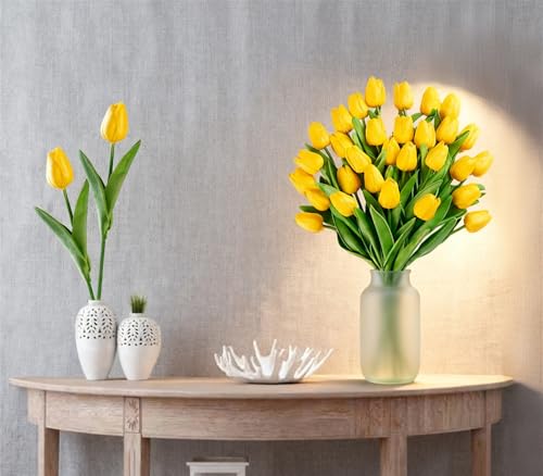 Yellow Artificial Tulips Real Touch Fake Flowers, 20 Pcs PU Faux Tulips 13.5", Realistic Tulip Bouquet for Wedding Centerpiece Spring Home Kitchen Dining Table Vase Decoration Easter Stems - color: Yellow