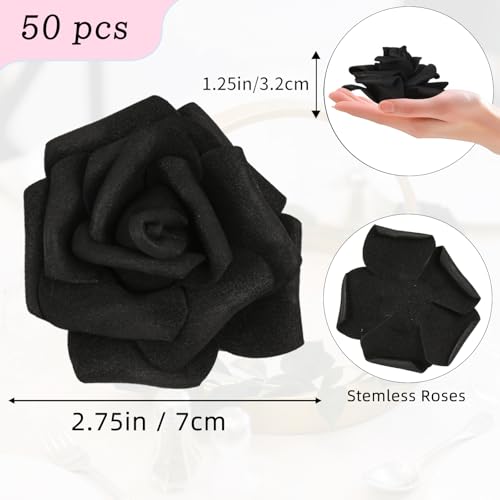 50 PCS Black Foam Rose Stemless Artificial Flower Head Bulk 2.75in Mini Fake Simulated Eternal Flores Roses Flower for DIY Craft Bridal Bouquets Centerpieces Arrangement Home Decoration - color: Black