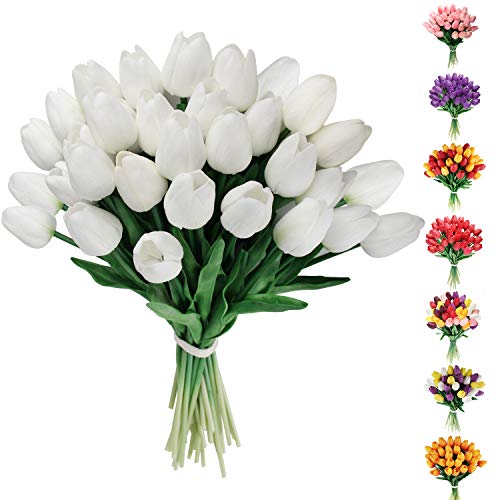 Artificial Tulips Flowers Fake Latex Tulip Stems - 30pcs Real Touch Faux Multicolor Tulips Flower for Easter Spring Wedding Bouquet Centerpiece Floral Arrangement Cemetery Table Decor - color: White 01