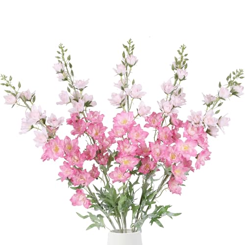 IPOPU 37" Pink Delphinium Artificial Flowers 5PCS Real Look Flocked Faux Delphinium Flowers with Fuzz Long Stem Silk Larkspur Snapdragon for Wedding & Home Decor(Pink) - color: Dark Pink